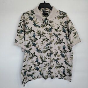 Van Heusen Tropical Birds Plant Printed Polo Shirt Size Large